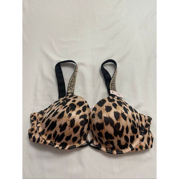 Victoria’s Secret Leopard Bombshell Rhinestone Shine Strap Push Up Bra Size 34C - Picture 1 of 5